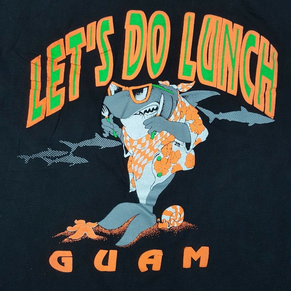 Vtg 80s Guam Shark T-Shirt L Black Neon Lets Do